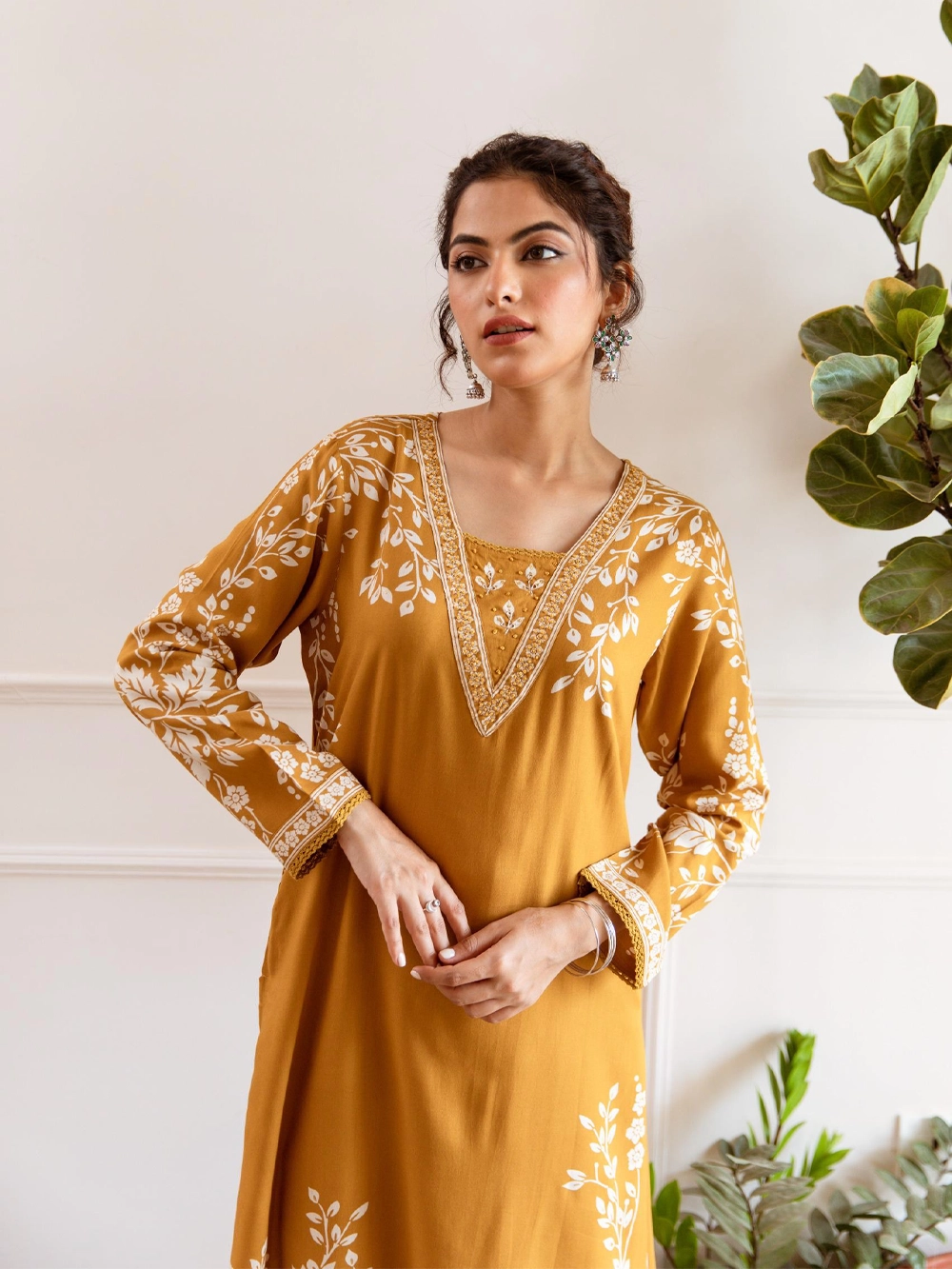 Mustard Yellow Floral Printed Kurta with Palazzo – Elegant Everyday Set