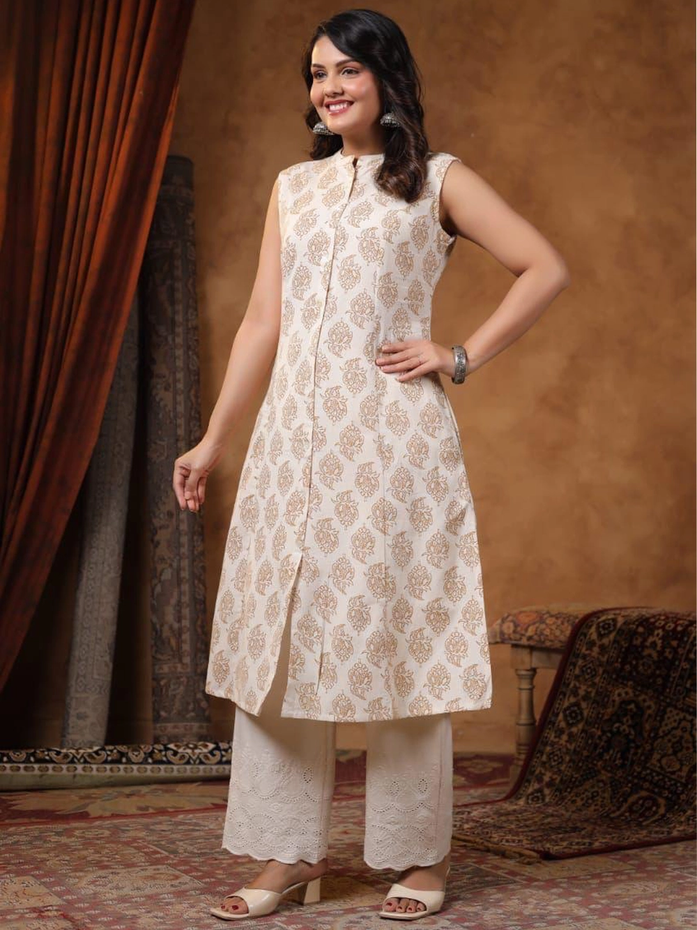 Elegant Cream Printed Sleeveless Kurta Set – Timeless Grace