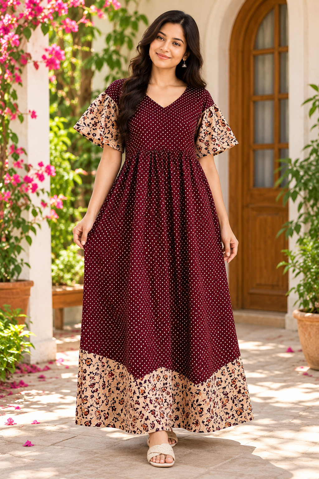 Maroon Polka Dot Maxi Dress with Floral Contrast