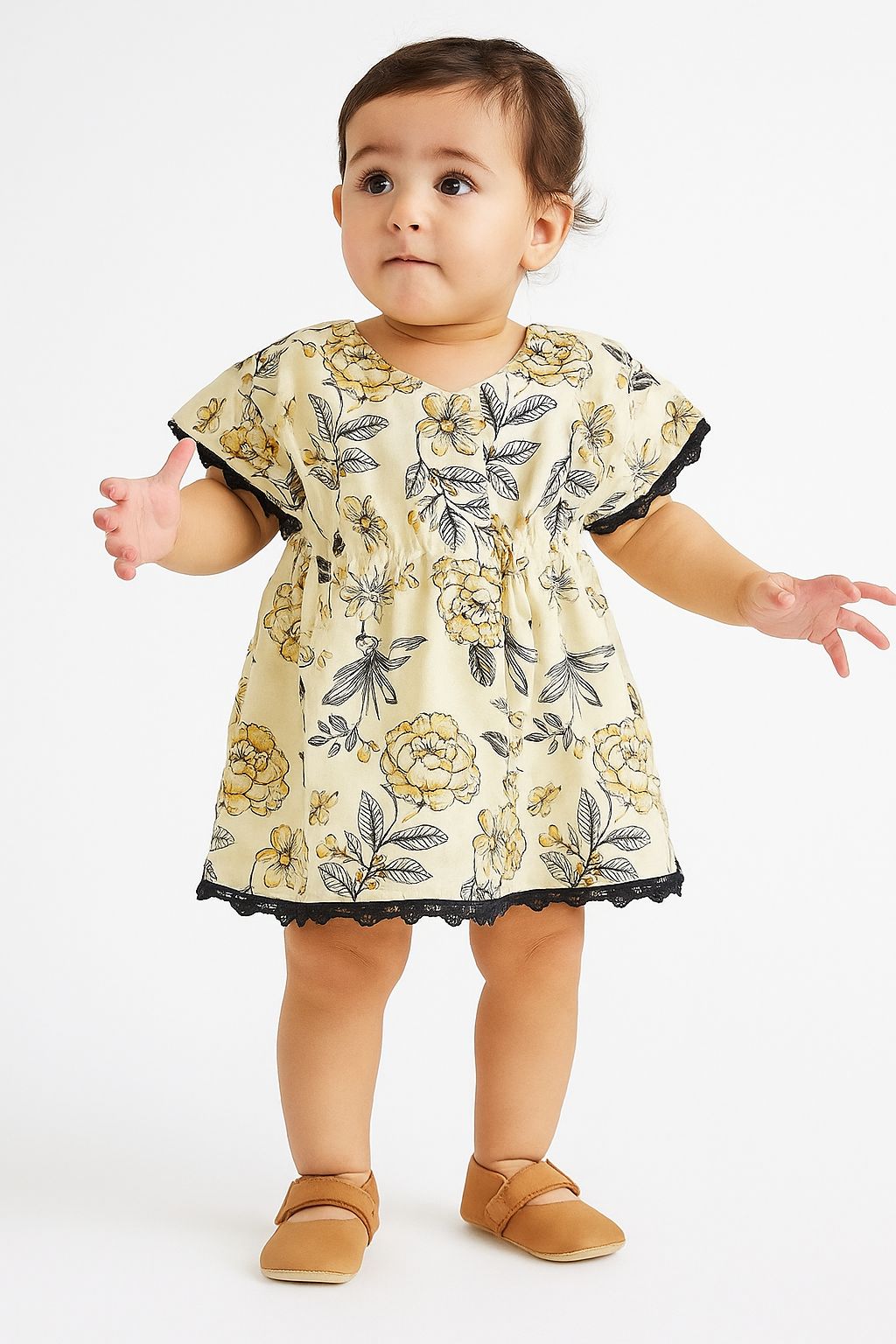 Yellow Floral Cotton Baby Dress with Black Lace Trim