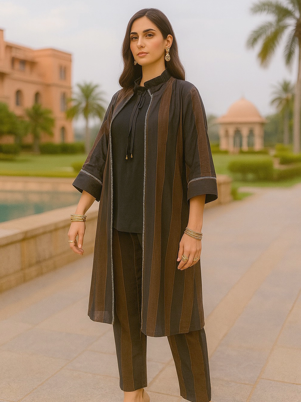 Chocolate Brown & Black Striped Co-ord Set with Layered Jacket