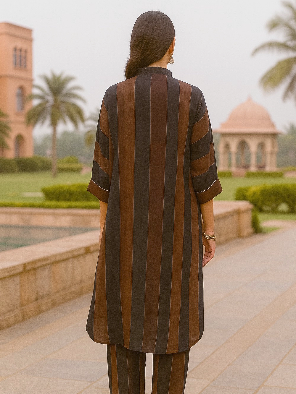 Chocolate Brown & Black Striped Co-ord Set with Layered Jacket