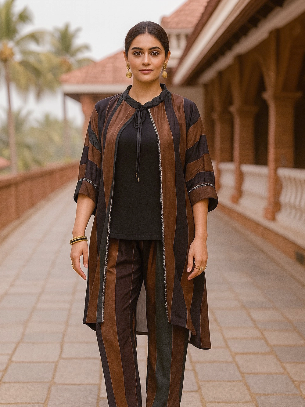 Chocolate Brown & Black Striped Co-ord Set with Layered Jacket
