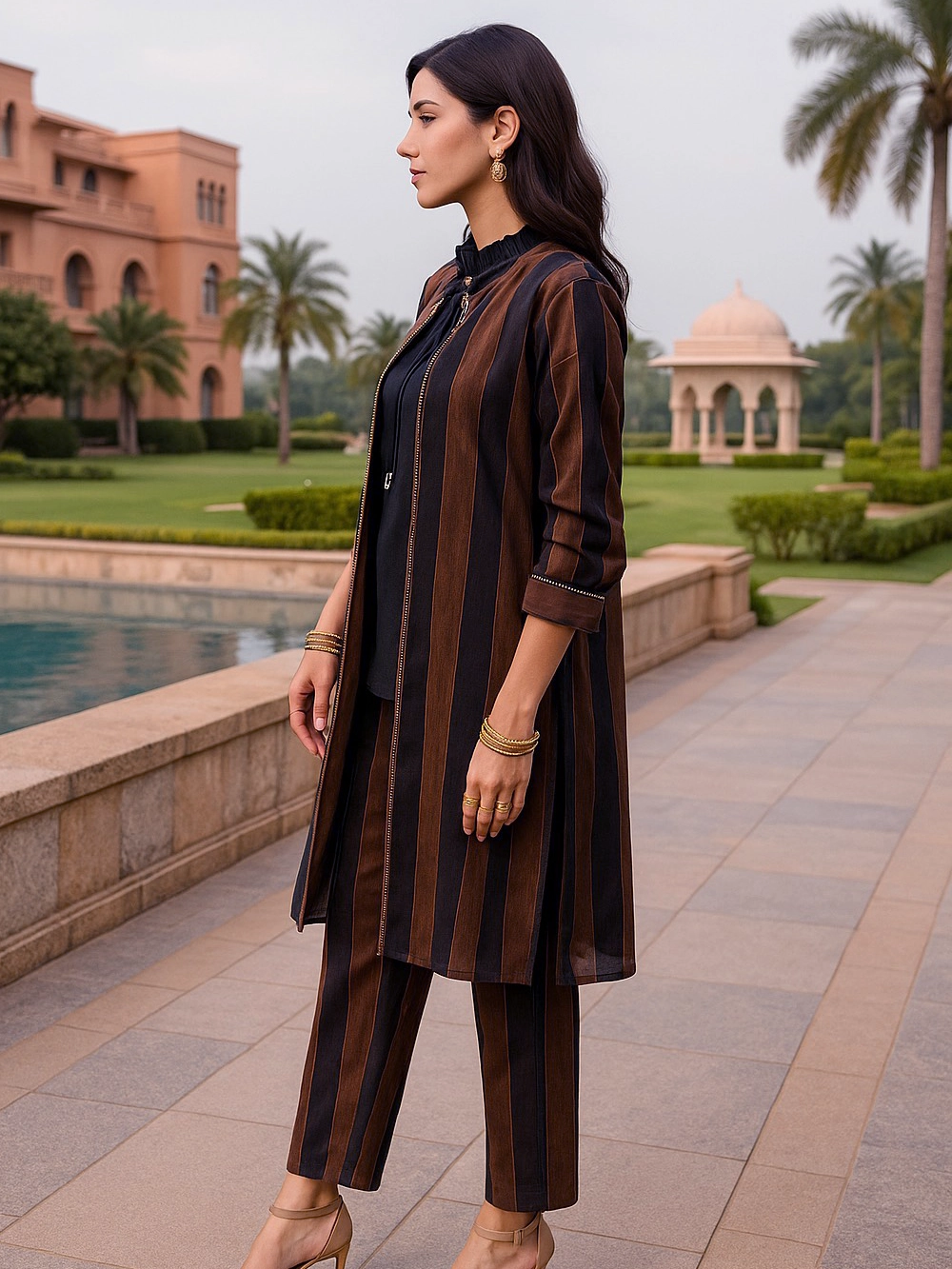 Chocolate Brown & Black Striped Co-ord Set with Layered Jacket