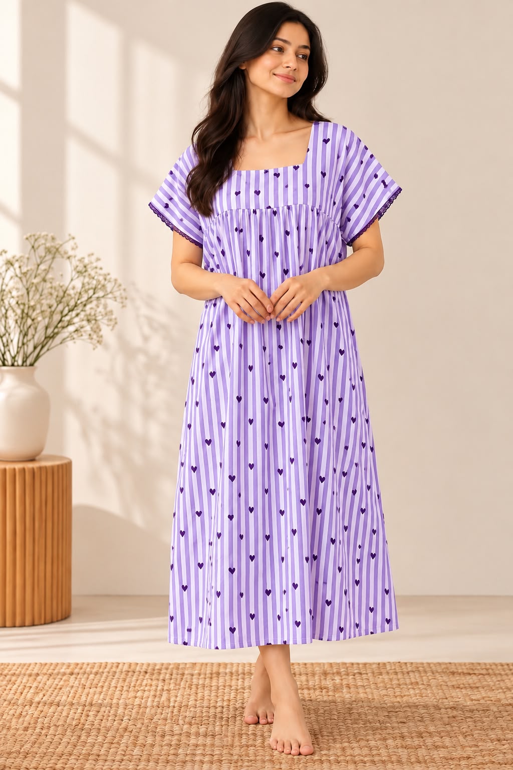 Elegant Lavender Striped Maxi Dress with Heart Prints